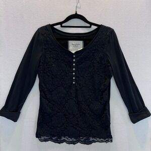 Abercrombie & Fitch Y2K Dark Navy Lace Henley Top Long Sleeve Women's - READ‎